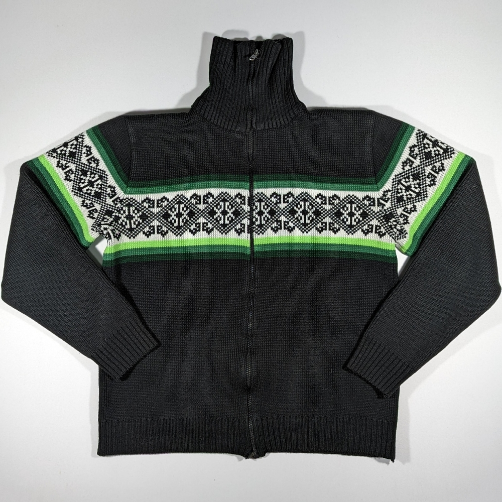 Vtg Arctic Wear Cat Cardigan Sweater 100% Acrylic Black Green Women's Sz Med